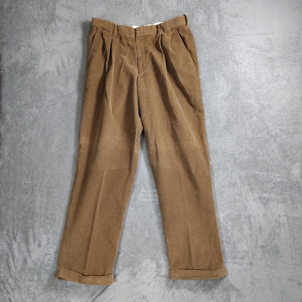 Lands End Corduroy Pants Mens 36x33 Brown‎ Traditional Fit Pleated Cuffed Flex